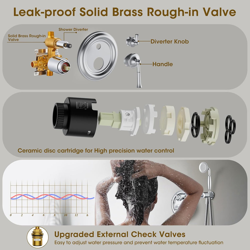 Rain Shower Head with Handheld Spray, Rainfall Shower System with Rough-in Valve, Shower Faucet Set with Pressure Balance Valve, 9 Inch Luxury Shower Trim Kit Wall Mount, Polished Chrome