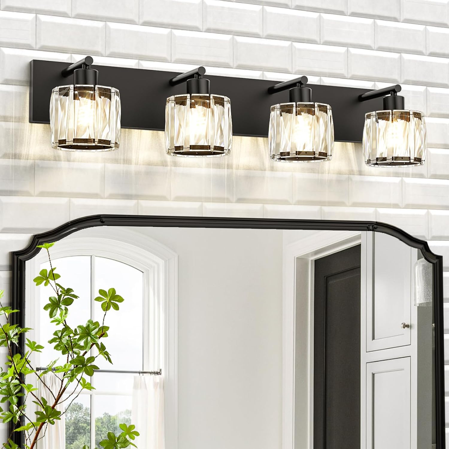 VOLISUN Crystal Vanity Lights for Bathrooms, 4 Light Bathroom Vanity Light, Modern Matte Black Bathroom Light Over Mirror, Black Bathrooms Lights Fixtures-UL Certificated(Exclude Bulb)