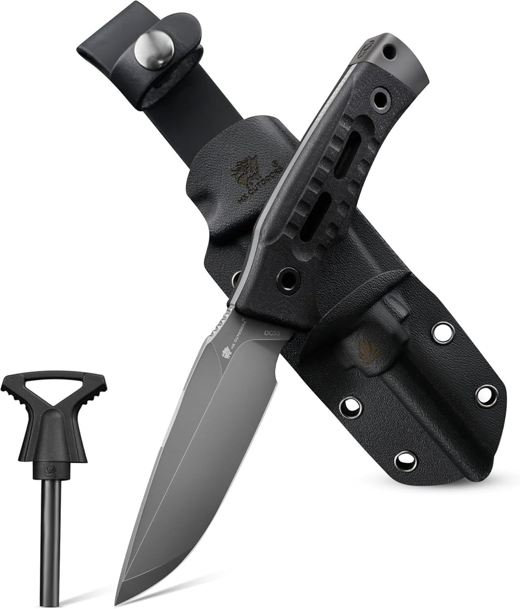 HX OUTDOORS Fixed Blade Camping Knife with Fire Starter, Premium DC53 Steel Full Tang Bushcraft Survival Knife with Kydex Sheath for EDC,Outdoor,Camping,Hiking（Black2