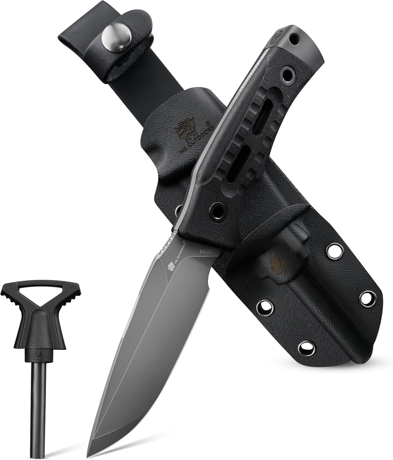 HX OUTDOORS Fixed Blade Camping Knife with Fire Starter, Premium DC53 Steel Full Tang Bushcraft Survival Knife with Kydex Sheath for EDC,Outdoor,Camping,Hiking（Black2