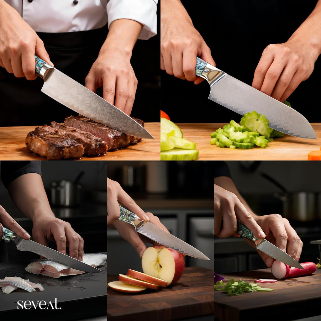 Damascus Kitchen Knife Set | 67-Layer Damascus Steel | Professional Chef Knives Set | Ergonomic Blue Shell Handle | Acacia Wood Magnetic Holder Included (Blue, 9-Piece Set)
