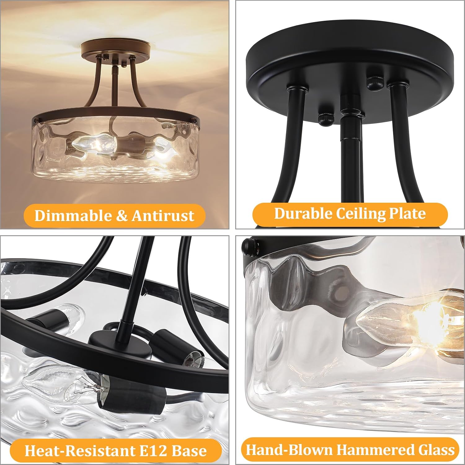 TOULMJ Black Semi Flush Mount Ceiling Light, 11.81' Hammered Glass Light Fixture, 3-Light Modern Hallway Lights Fixture for Kitchen Entryway Bedroom Foyer Laundry Dining Room
