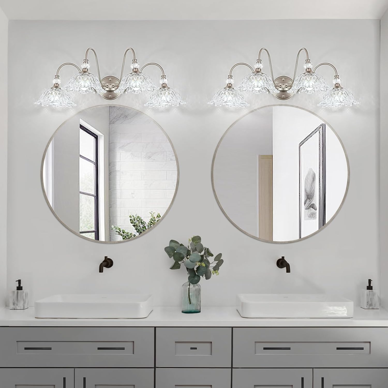 Brushed Nickel Bathroom Vanity Light, 4-Light Vanity Light with Floral Clear Glass Shades, Brushed Nickel Wall Mount Lighting for Bathroom, Dressing Table