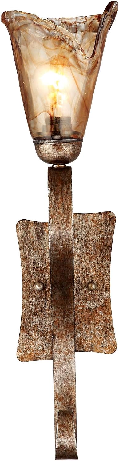 Franklin Iron Works Amber Scroll Rustic Wall Sconce Lighting Golden Bronze Metal Hardwired 23 1/2' High Fixture Amber Art Glass Cottage Core Decor for Bedroom Bathroom Bedside Home (Colors May Vary)