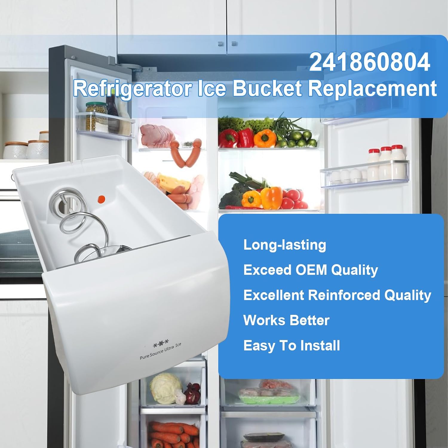 241860804 Ice Container Assembly Compatible with Frigidaire Refrigerator Ice Bucket Ice Maker Replacement Part Number 241561601, 241561603