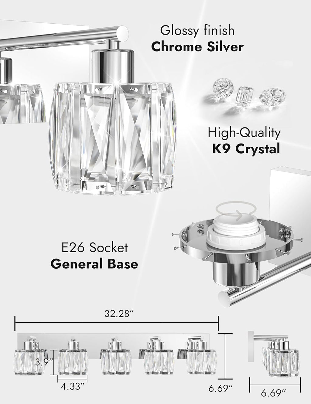 VOLISUN Crystal Vanity Lights for Bathroom, 5 Light Modern Stainless Steel Bathroom Light Fixtures Over Mirror, Chrome with Glass Lampshade - UL Certificated (Exclude Bulb)