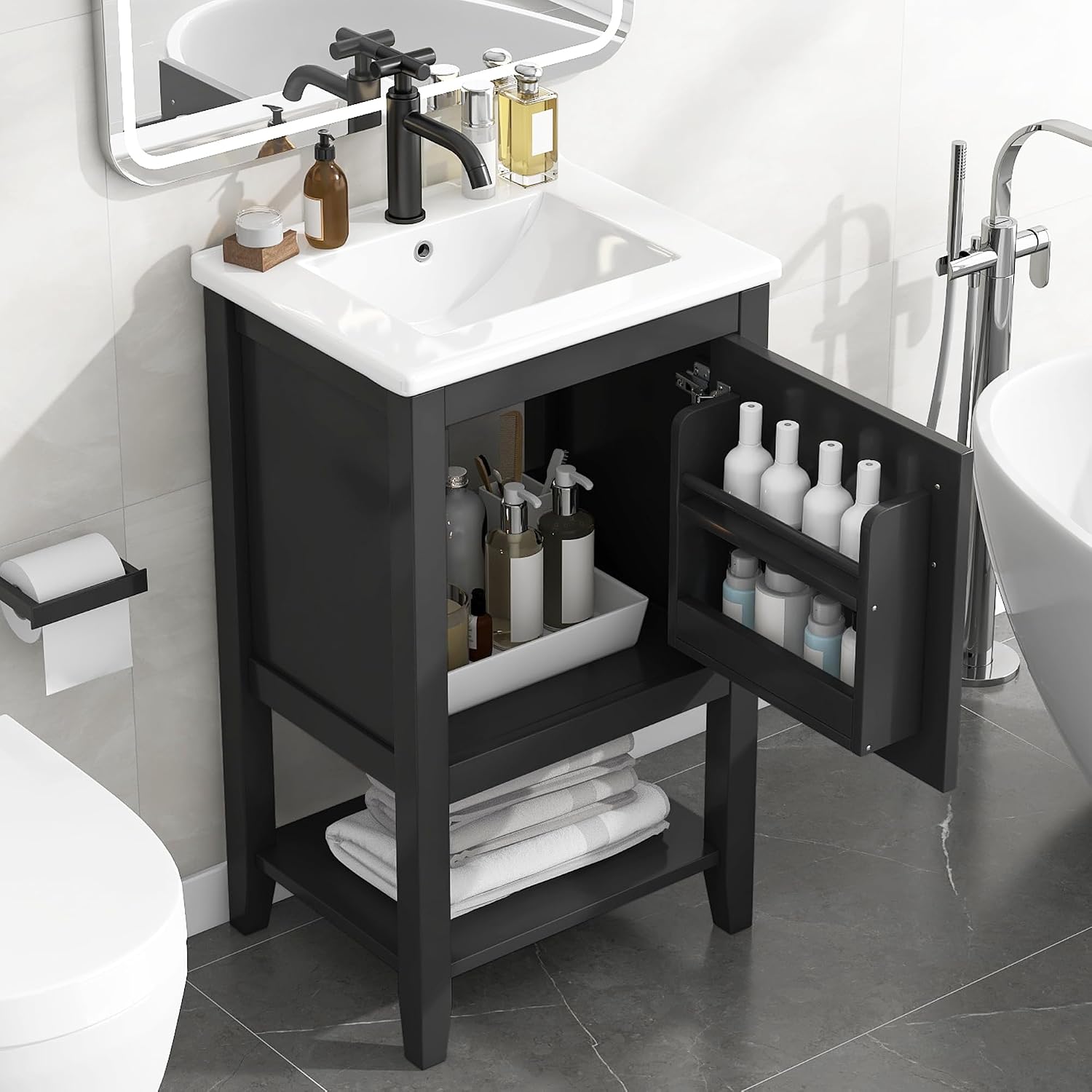 Bellemave 20' Small Bathroom Vanity with Sink, Modern Bathroom Storage Cabinet with Door and Storage Rack, Free Standing Single Basin Vanity with Open Shelf, Undermount Ceramic Sink, Black