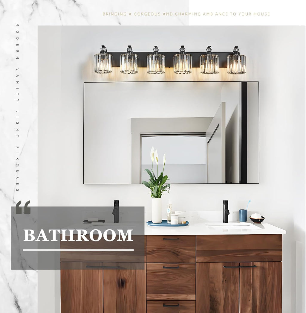6-Light Black Bathroom Light Fixture Modern Vanity Lights Over Mirror Vintage Wall Sconce Lighting for Bathroom, Bedroom, Living Room, Hallway E26 Base with Crystal Bathroom Vanity Light