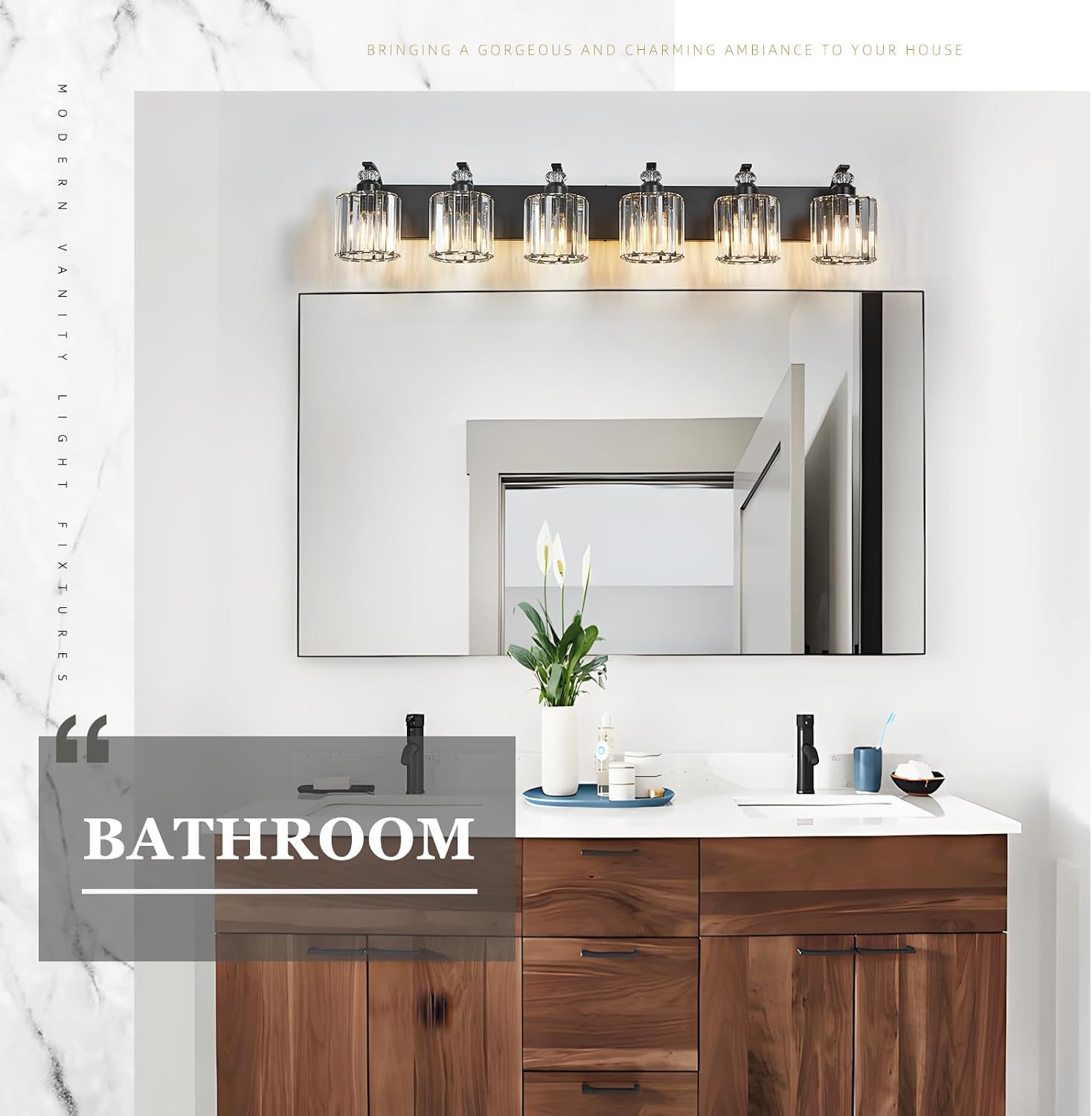 6-Light Black Bathroom Light Fixture Modern Vanity Lights Over Mirror Vintage Wall Sconce Lighting for Bathroom, Bedroom, Living Room, Hallway E26 Base with Crystal Bathroom Vanity Light