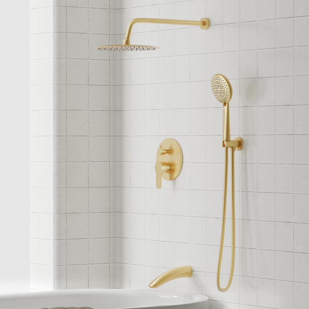 Gabrylly Shower System with Tub Spout, Bathtub Shower Faucet Set with 10' Rain Shower head and 5-Setting Handheld Shower, Wall Mounted Shower Fixtures with Pressure Balance Shower Valve, Brushed Gold