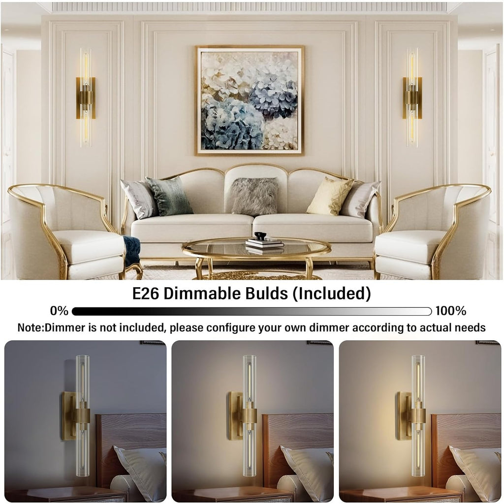 Gold Wall Sconces Set of Two, Brass 22.8' Sconces Wall Lighting,Bathroom Vanity Lights with Clear Glass Shade for Mirror, Living Room, Bedroom, Hallway, Fireplace, Staircase（Including Bulb）