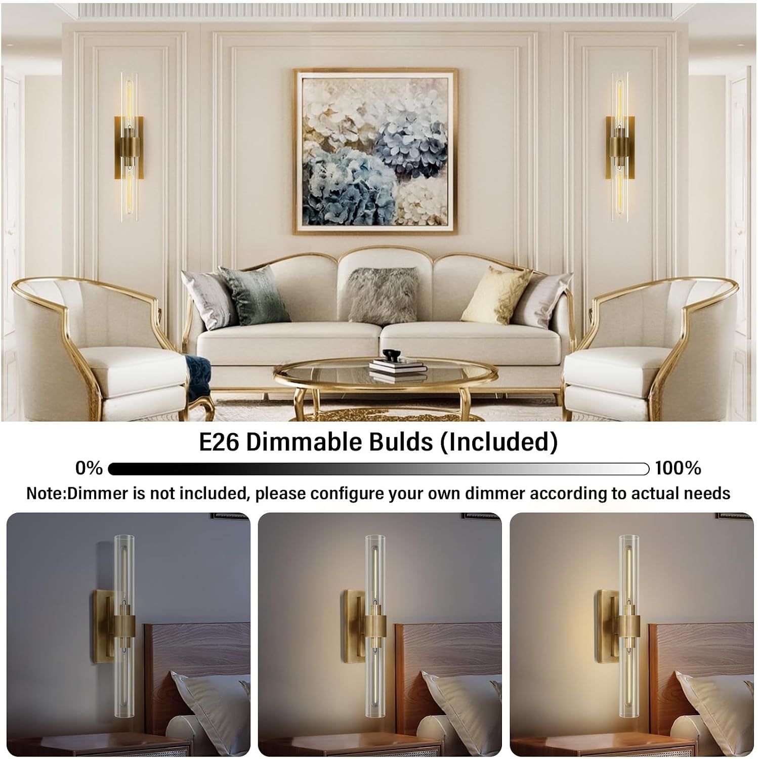 Gold Wall Sconces Set of Two, Brass 22.8' Sconces Wall Lighting,Bathroom Vanity Lights with Clear Glass Shade for Mirror, Living Room, Bedroom, Hallway, Fireplace, Staircase（Including Bulb）