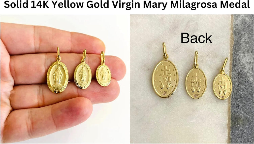 Solid 14K Real Yellow Gold Virgin Mary Miraculous Medal Religious Pendant, 3 Different Size.