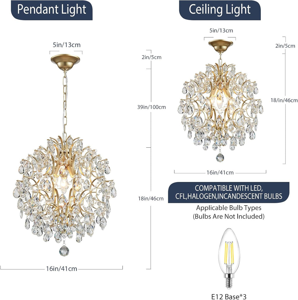 Bestier Modern Gold Pendant Chandelier Crystal Raindrop Lighting Ceiling Light Fixture Lamp for Dining Room Bathroom Bedroom Livingroom entryway 3 E12 Bulbs Required D16 in x H18 in