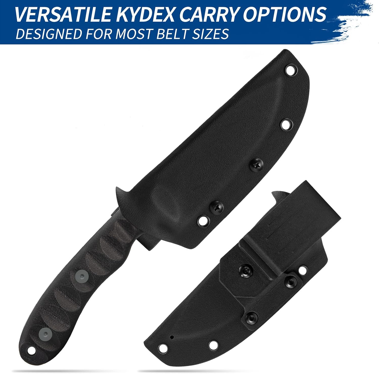 FINTISO Nazar Fixed Blade Knife with Kydex Sheath, 4.24' 14C28N Blade Black G10 Handles, Titanium-coated, Full Tang Design, Lanyard, for Men Outdoor Activities, Camping, Hiking, EDC Carry.