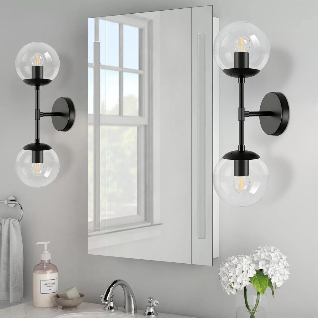 KoKo&Yukina 2 Pack Mid Century Modern Bathroom Vanity Light Matte Black Vanity Lighting Fixtures Modern Wall Sconce 2-Lights Globe Vanity Light with Clear Glass Shade for Bathroom(Bulb Incl.)