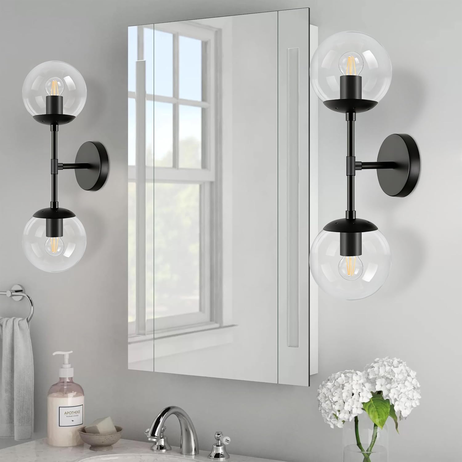 KoKo&Yukina 2 Pack Mid Century Modern Bathroom Vanity Light Matte Black Vanity Lighting Fixtures Modern Wall Sconce 2-Lights Globe Vanity Light with Clear Glass Shade for Bathroom(Bulb Incl.)
