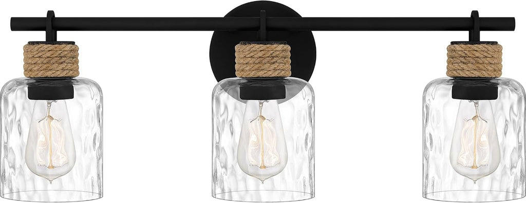 Quoizel Baltic 24' 3-Light Coastal Vanity Light, Matte Black with Clear Water Glass, ETL Damp Rated