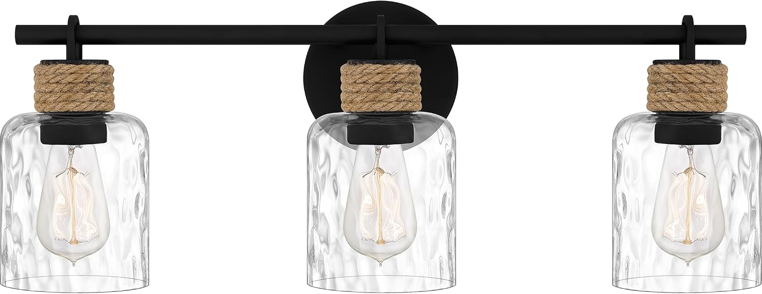 Quoizel Baltic 24' 3-Light Coastal Vanity Light, Matte Black with Clear Water Glass, ETL Damp Rated