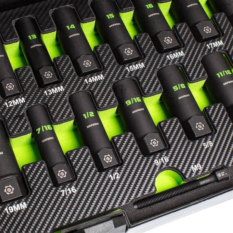 GripEdge | 32-PC 1/4' & 3/8' Drive Deep Metric & SAE Master Socket Extractor Set| Includes sizes - 4-19mm & 3/16-3/4' | Includes Premium Plastic Case With Foam Insert |