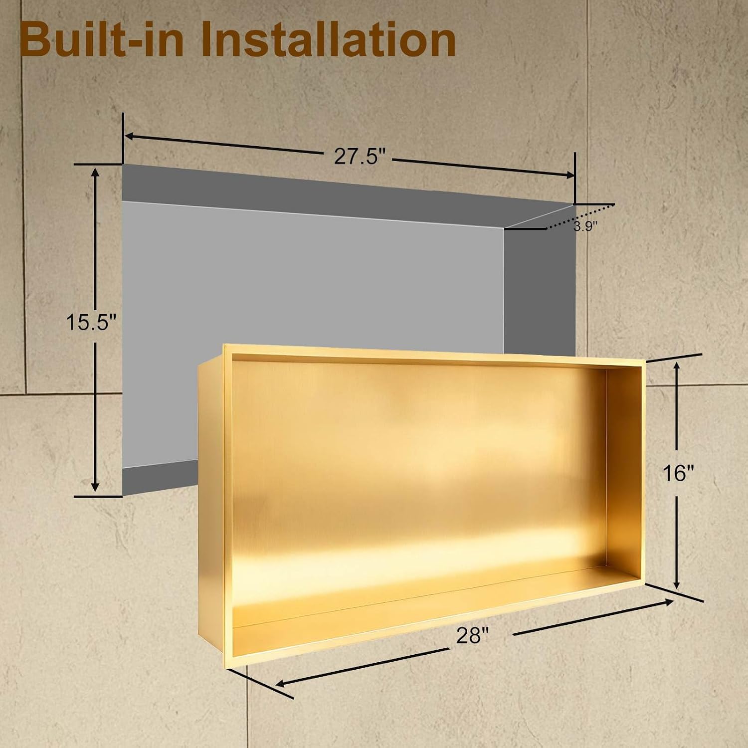 SaniteModar Shower Niche, Stainless Steel Shower Niche No Tile Needed, Recessed for Bathroom Storage (Brushed Gold, 16' x 28')