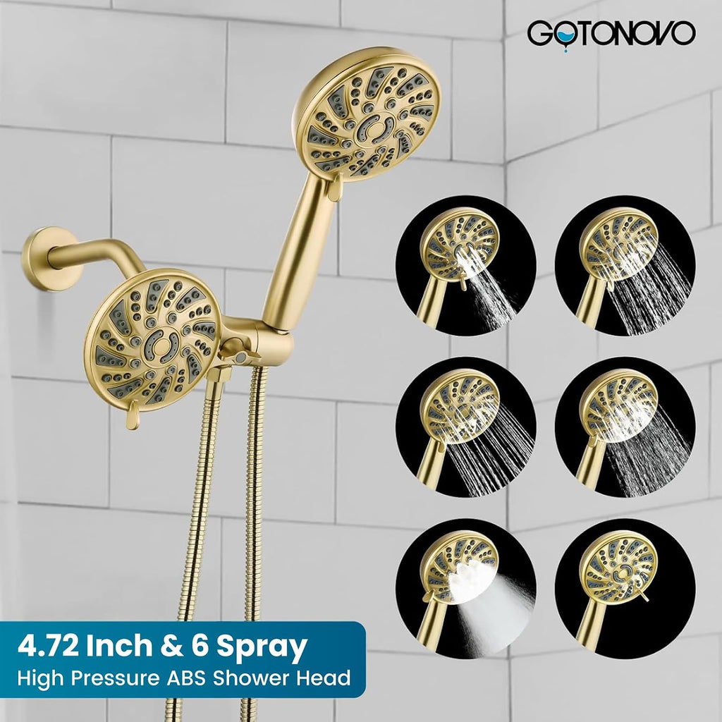 gotonovo Dual 2 in 1 Shower Head Kit High Pressure Combo System Shower Faucet 6 Modes ABS Handheld Spray Shower Trim Kit with Valve Shower Head and Handle Set Brushed Gold