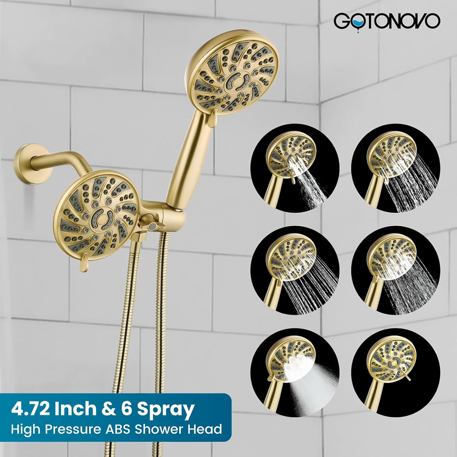gotonovo Dual 2 in 1 Shower Head Kit High Pressure Combo System Shower Faucet 6 Modes ABS Handheld Spray Shower Trim Kit with Valve Shower Head and Handle Set Brushed Gold