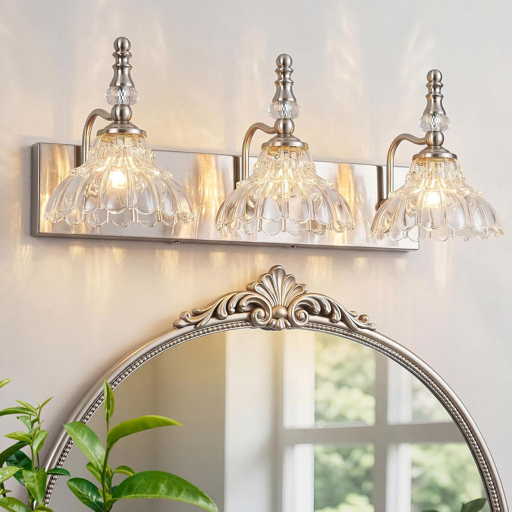 Vintage Bathroom Vanity Light, 3-Light Brushed Nickel Vanity Lighting Fixture with Flower Glass Shade, Bathroom Lighting Fixtures Over Mirror