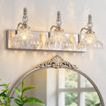 Vintage Bathroom Vanity Light, 3-Light Brushed Nickel Vanity Lighting Fixture with Flower Glass Shade, Bathroom Lighting Fixtures Over Mirror
