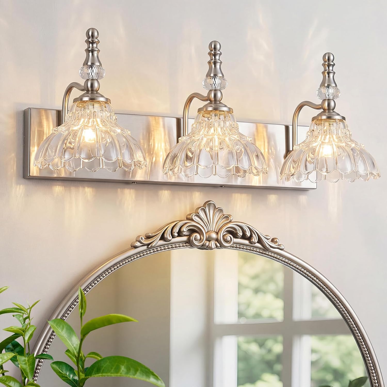 Vintage Bathroom Vanity Light, 4-Light Brushed Nickel Vanity Lighting Fixture with Flower Glass Shade, Bathroom Lighting Fixtures Over Mirror