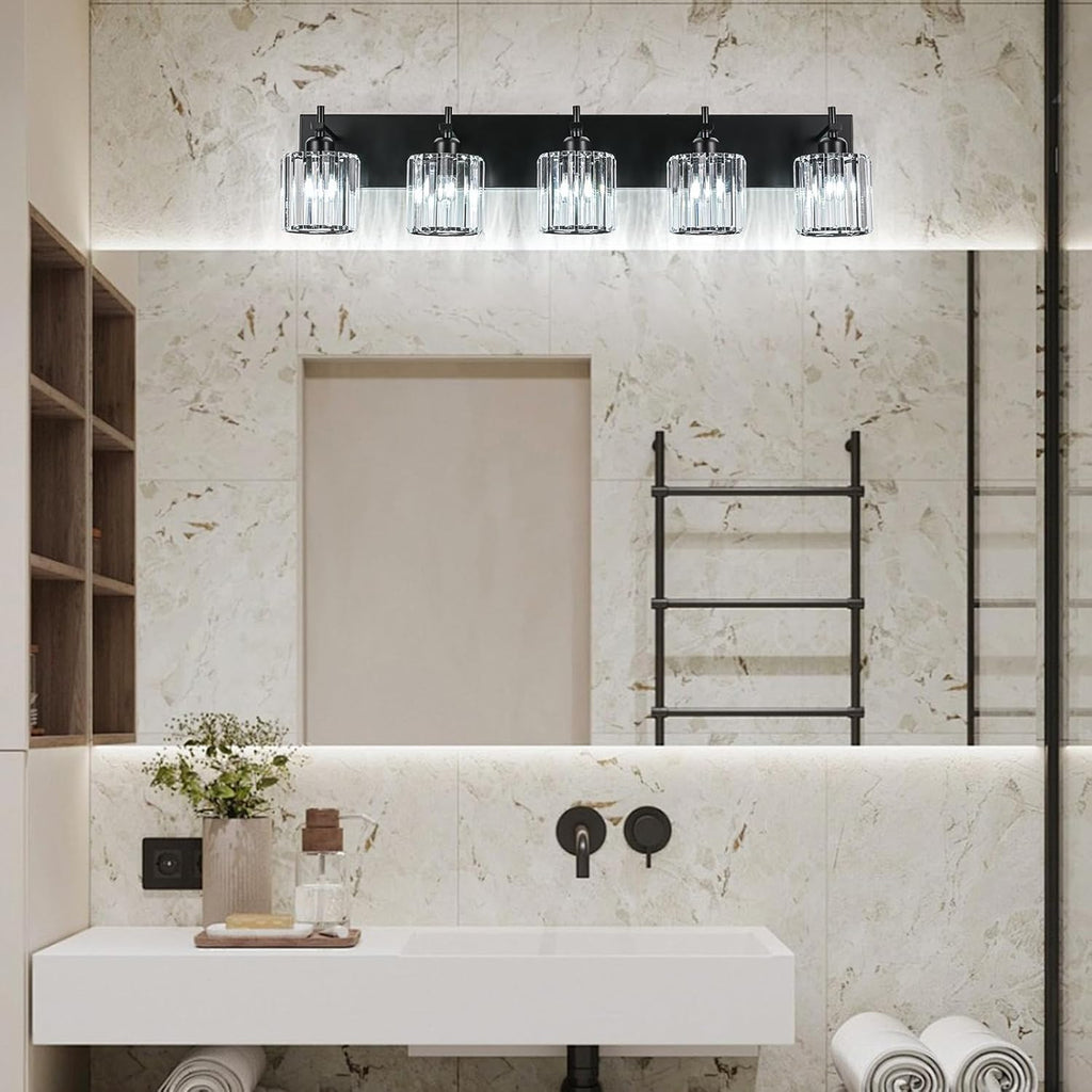 Black Crystal Bathroom Vanity Lights, Modern 5-Lights Bathroom Lighting Fixtures Over Mirror, Crystal Wall Lighting with Round Shade