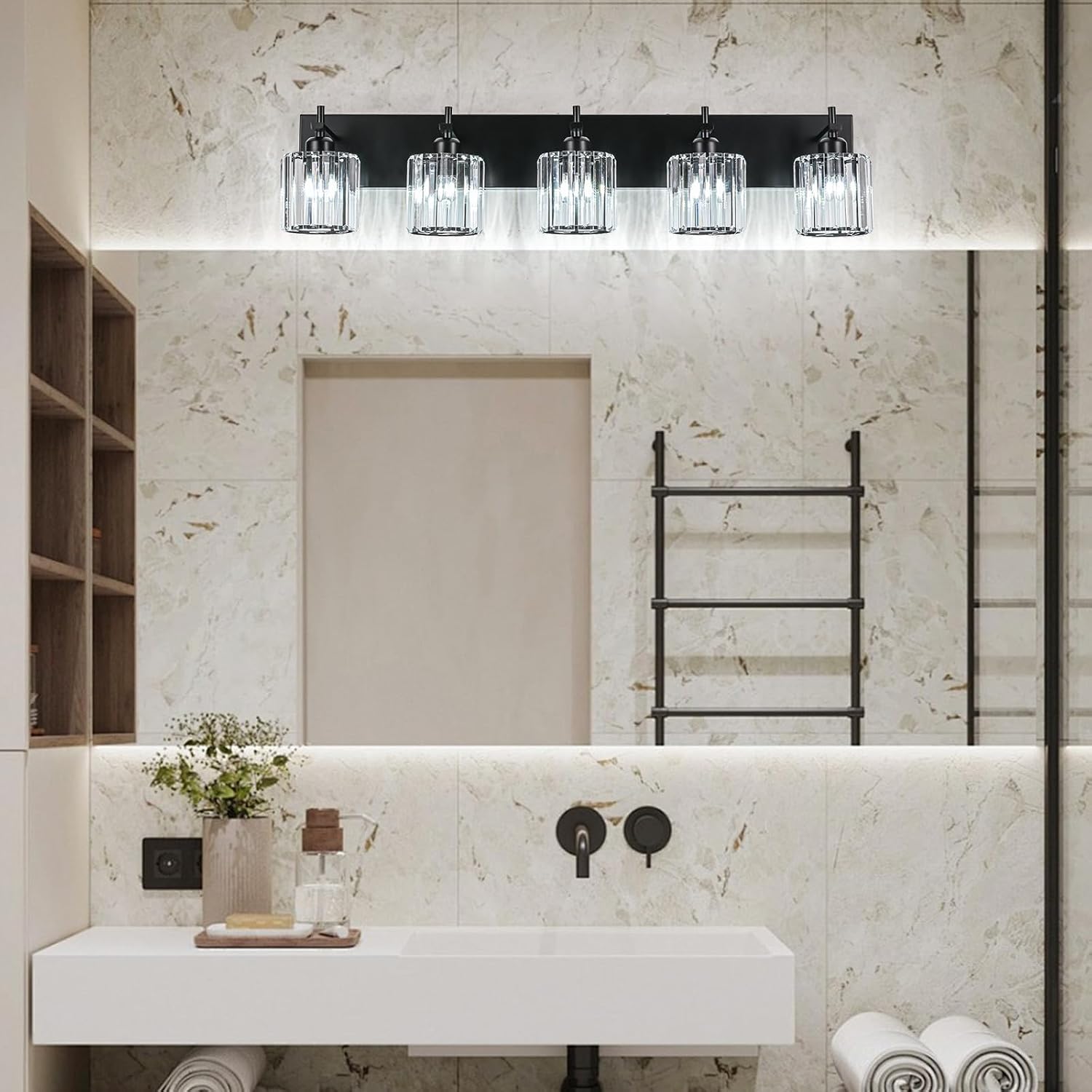 Black Crystal Bathroom Vanity Lights, Modern 5-Lights Bathroom Lighting Fixtures Over Mirror, Crystal Wall Lighting with Round Shade