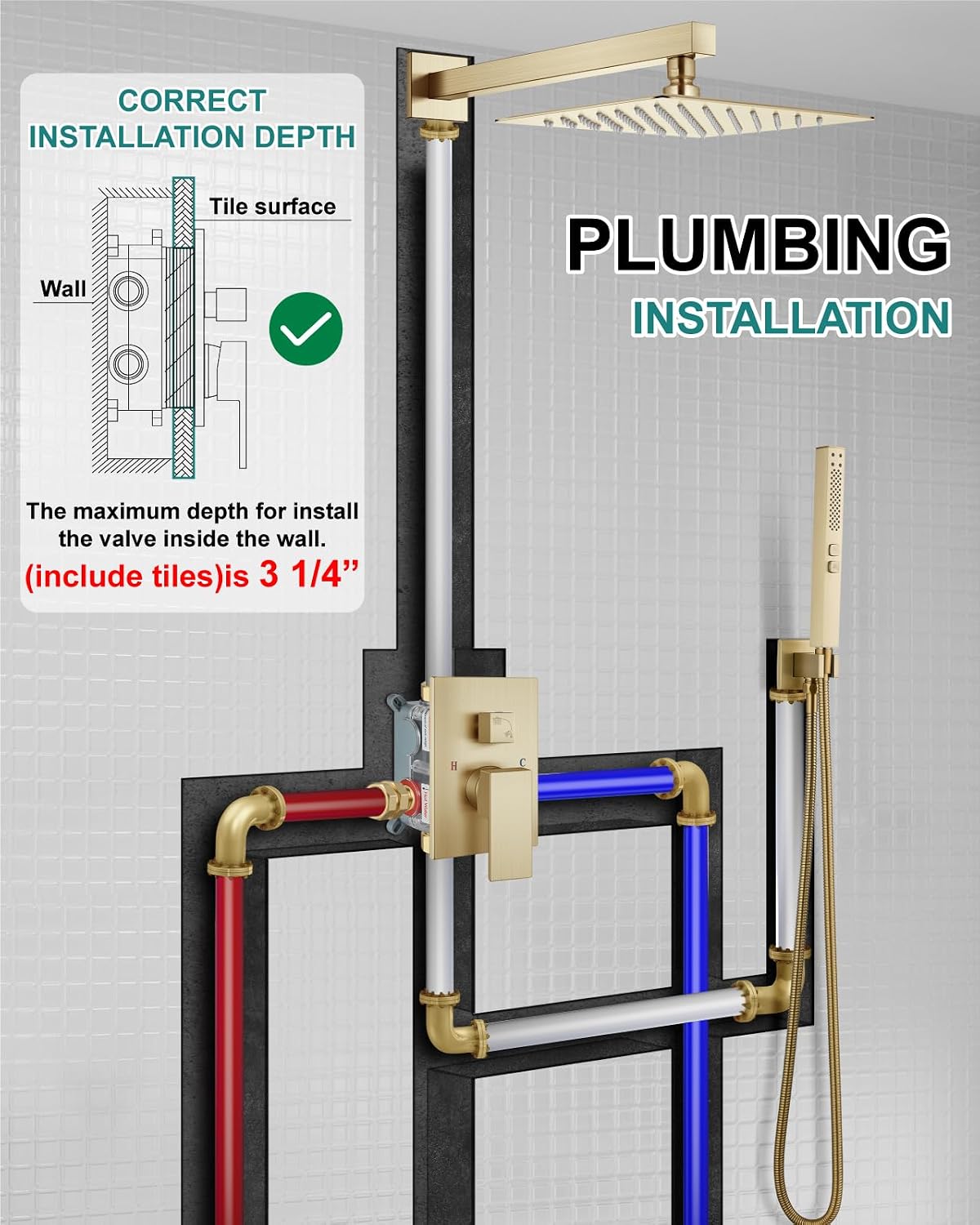 Shower Faucet Set Rainfall Shower System with Square Showerhead and Handle Set Fixture with 2 in 1 Function Handheld Sprayer Wall Mounted Trim Repair Kit Rough-in Valve 8 Inch Brushed Gold