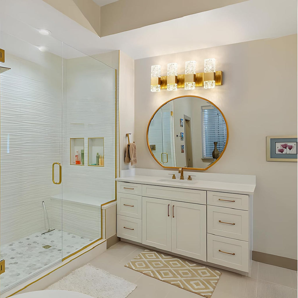 Epinl Gold Bathroom Vanity Light Fixtures - Brushed Gold Vanity Light Bathroom Lighting Fixtures Over Mirror 40W Dimmable Crystal Wall Sconces 4 Light LED Modern Bathrooms Lights 4000K