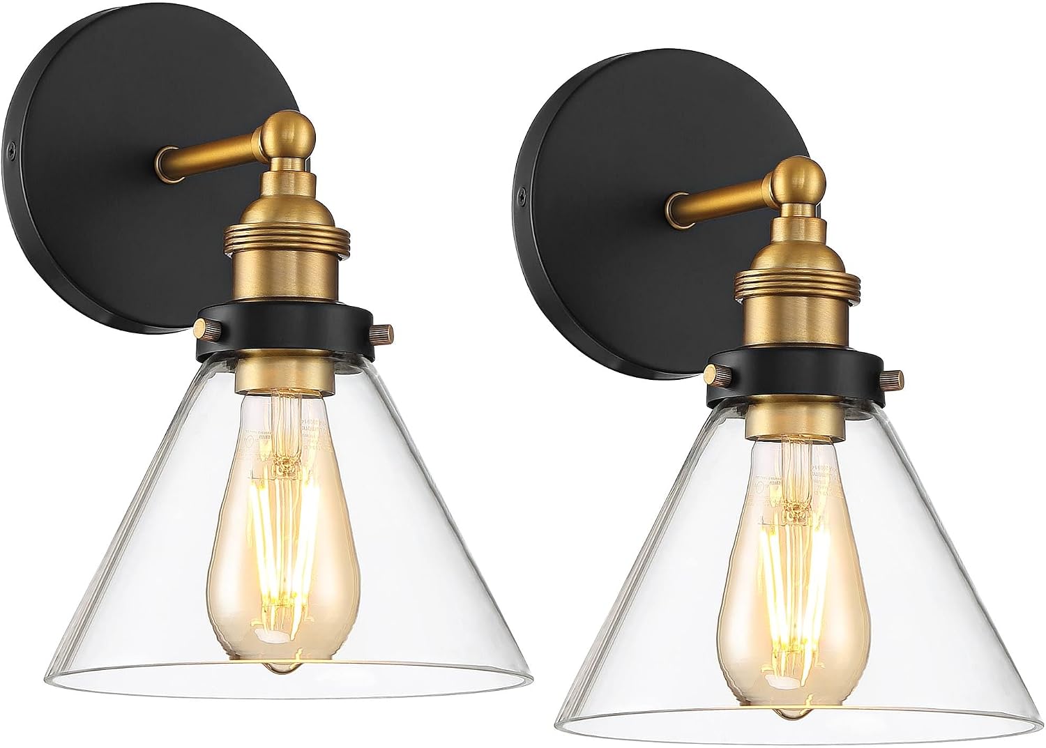 360 Lighting Burke Modern Industrial Wall Light Sconces Set of 2 Black and Brass Hardwire 7 1/4' Fixture Clear Glass Cone Shade for Bedroom Bathroom Bedside Vanity Living Room Home Hallway