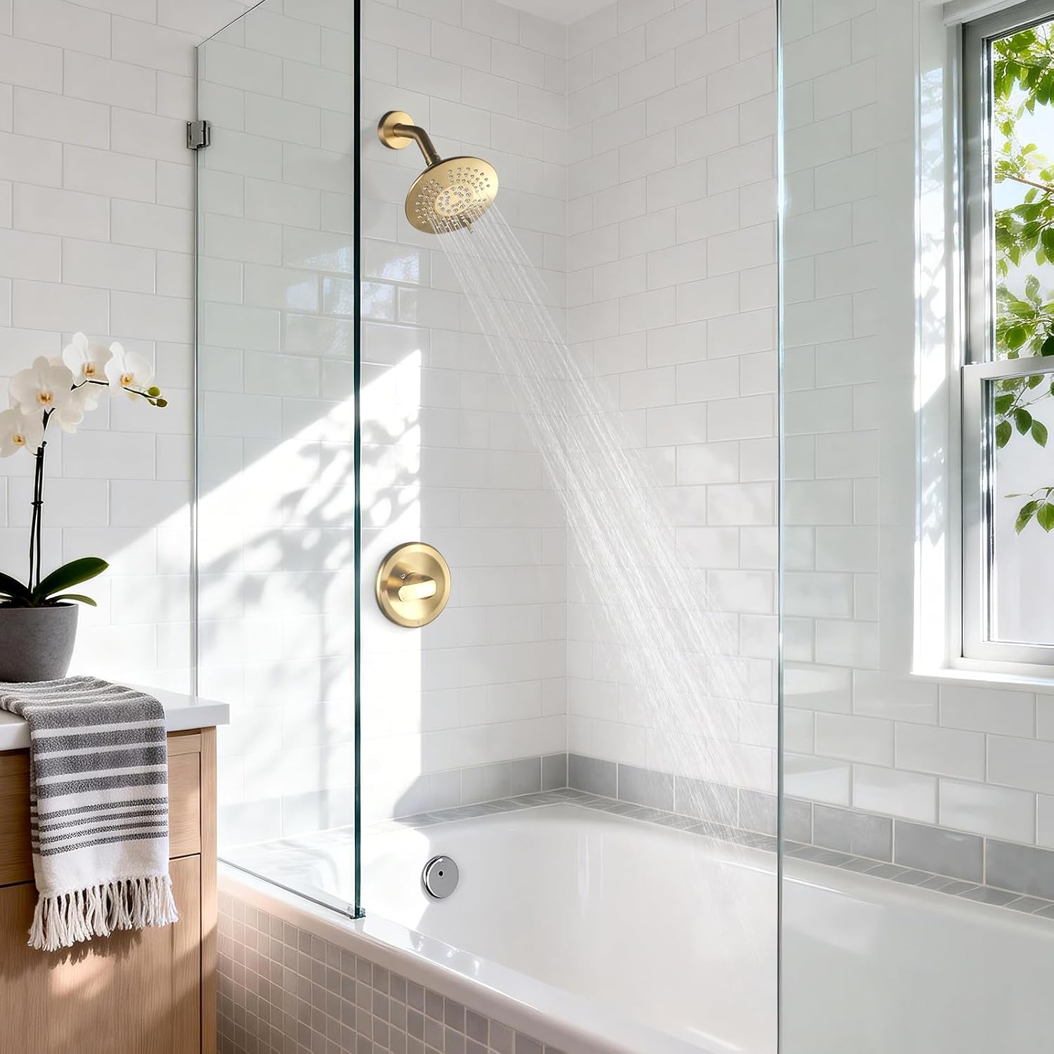 Shower Faucet with Valve, Bathroom Shower Faucet Kit, Solid Brass Shower Head Faucet Set Complete, Single Handle Rain Shower Head Trim Kit for Bathroom, Brushed Gold