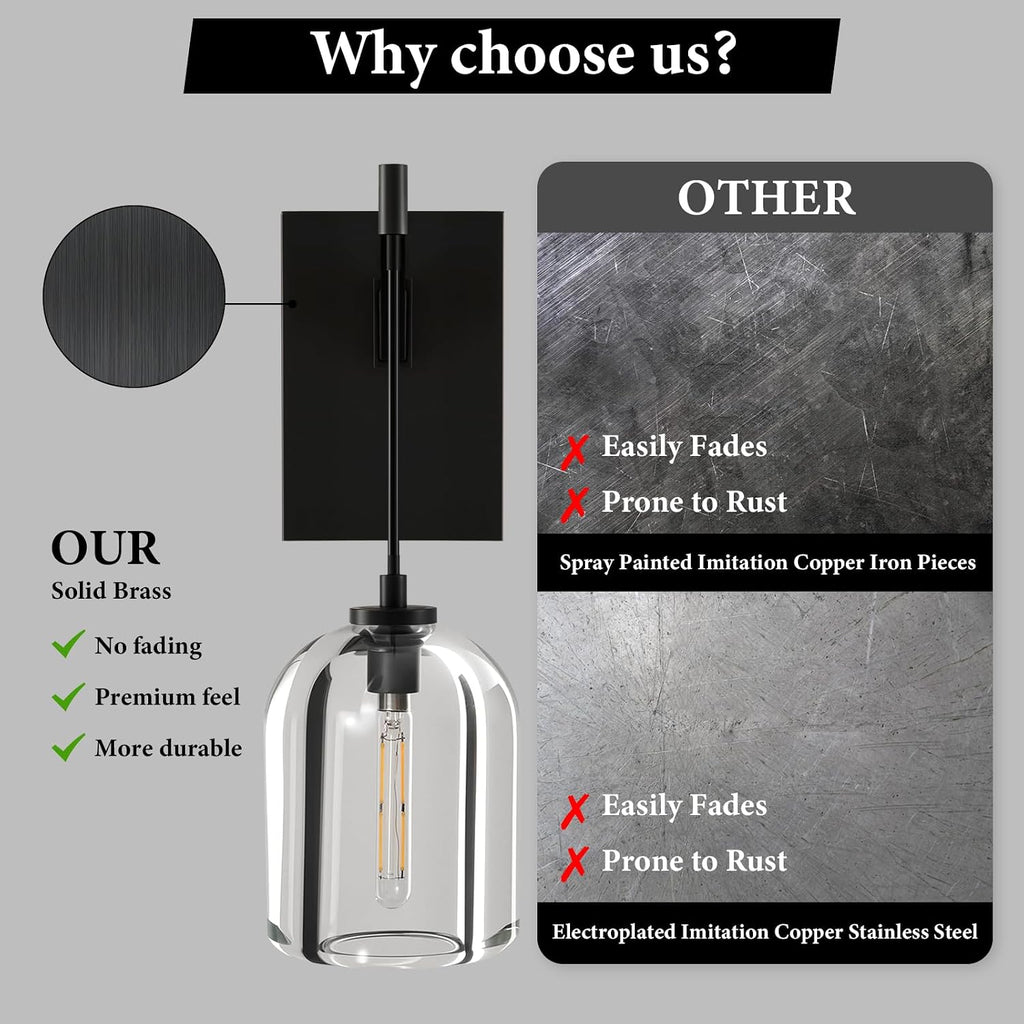 Crystal Brass Hemisphere Wall Sconce - Set of 2 Black Brushed Dimmable Sconces with Bulbs - Modern Hanging Light Decor - Luxury Indoor Lighting Fixture for Bedroom Living Room Bathroom Vanity Hallway