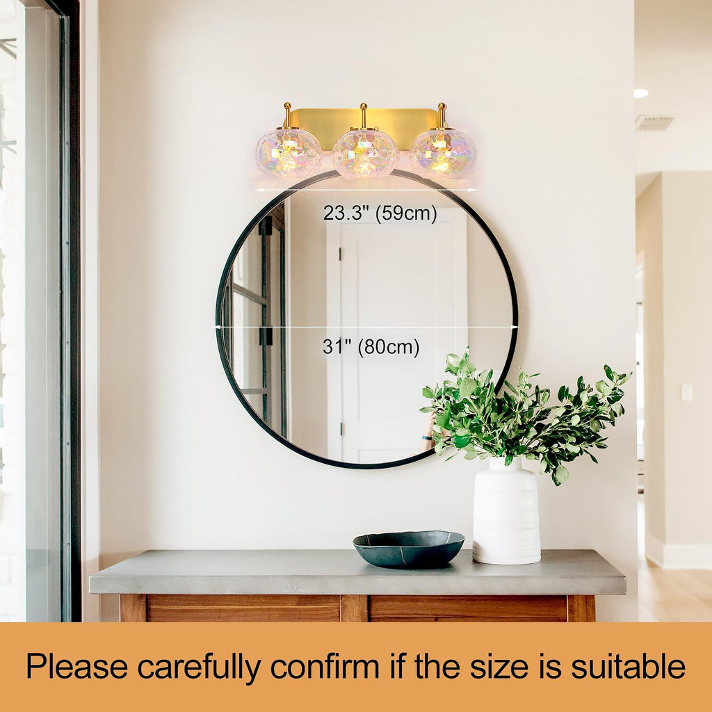 23' Brushed Gold Vanity Light Stained Hammered Glass Wall Sconce 3-Light Brass Wall Lamp for Hallway Living Room Stairwell Bathroom Over Mirror (Brass Gold, 3-Light)