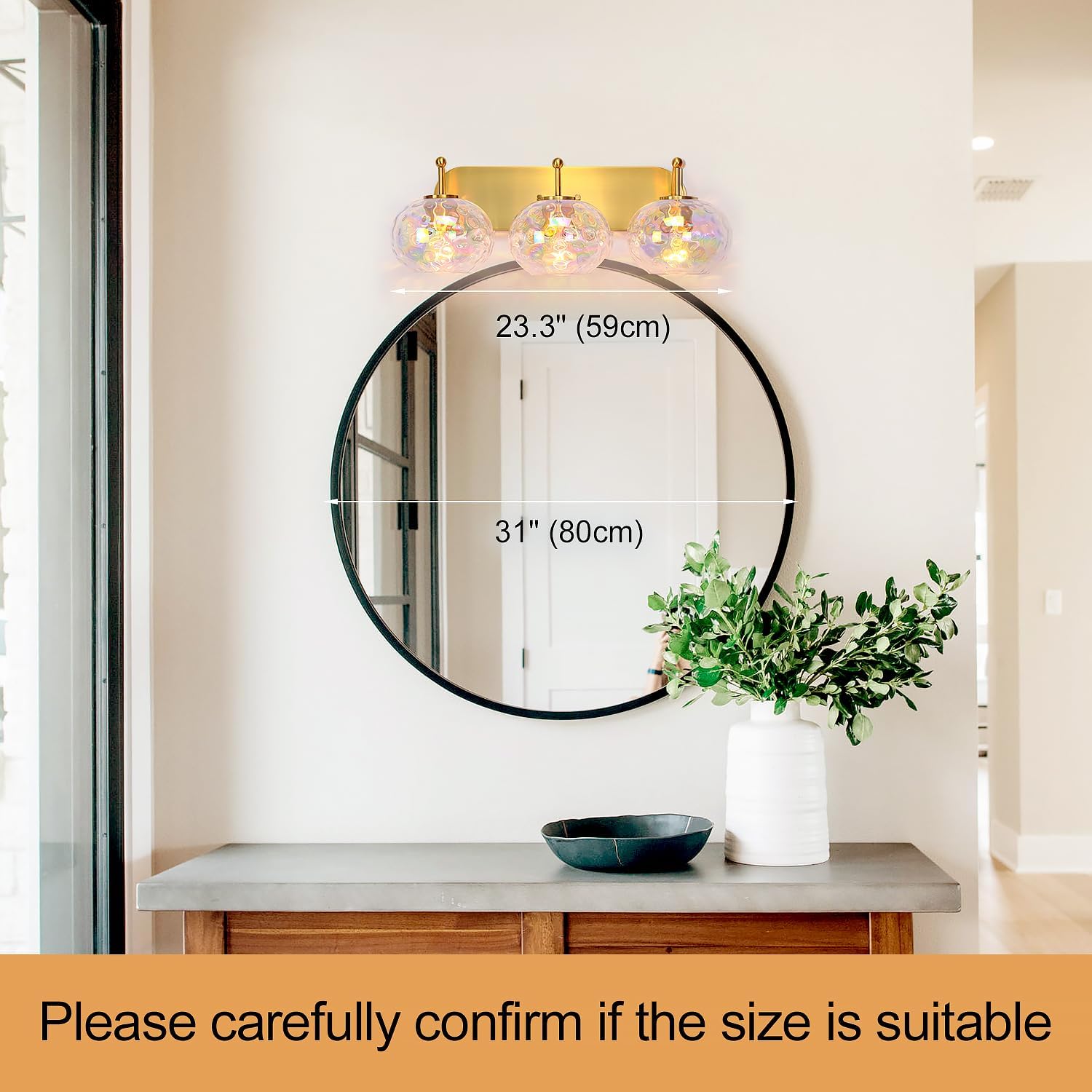23' Brushed Gold Vanity Light Stained Hammered Glass Wall Sconce 3-Light Brass Wall Lamp for Hallway Living Room Stairwell Bathroom Over Mirror (Brass Gold, 3-Light)