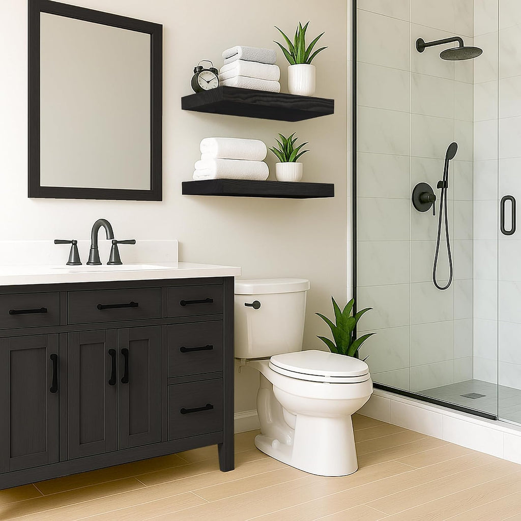 Floating Shelves 2 inch Thick for Wall Set of 2,24 inch High-End Solid Wood Floating Shelves for Wall,Black Floating Shelves for Bathroom Bedroom Kitchen, with Sturdy Hidden Bracket, Black