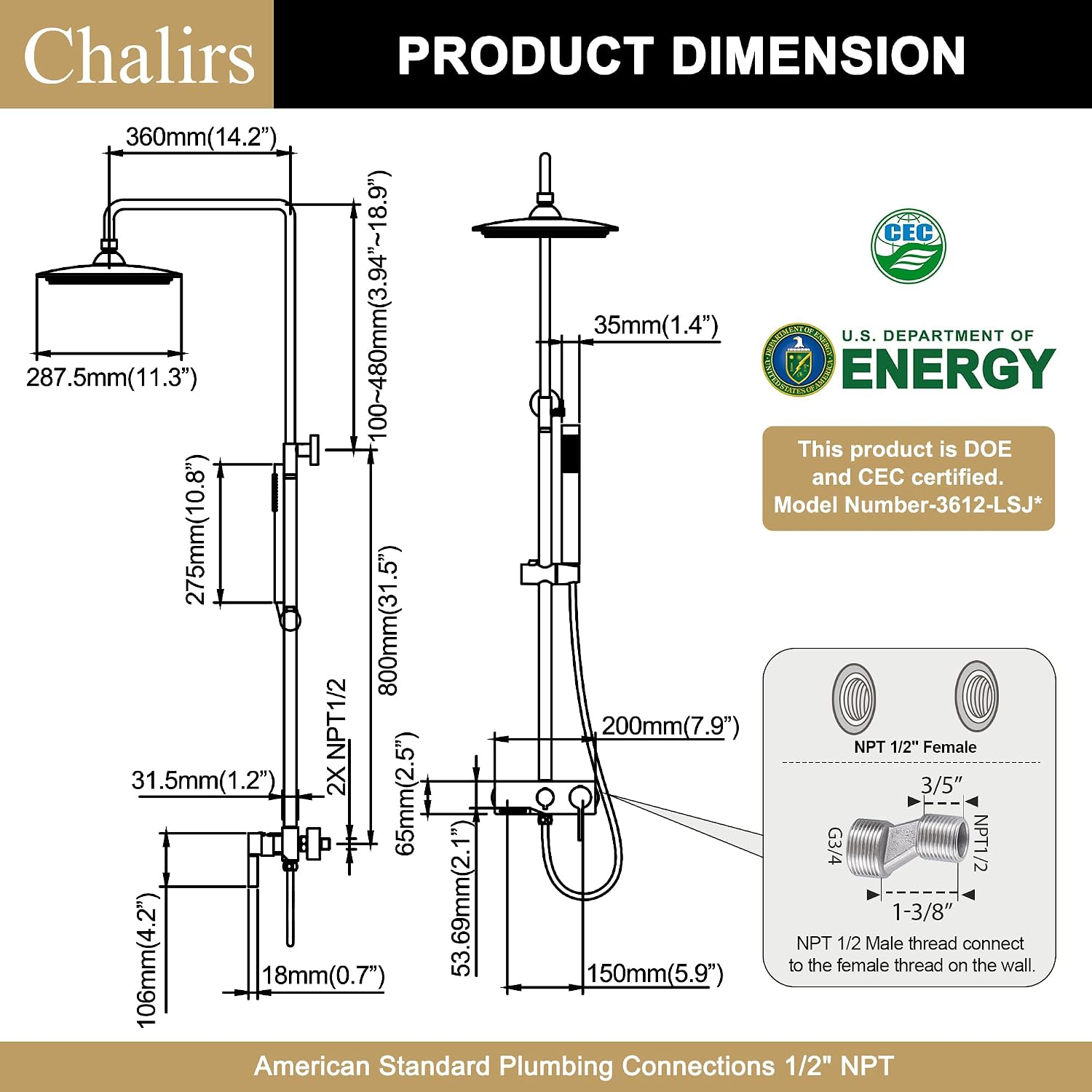Brushed Gold Exposed Shower System with 2 Modes HandHeld,3 Functions Tub Shower Faucet Sets with Brass Valve, Shower Fixture with 10 Inches Rainfull Shower Head,Shower Height Adjustable