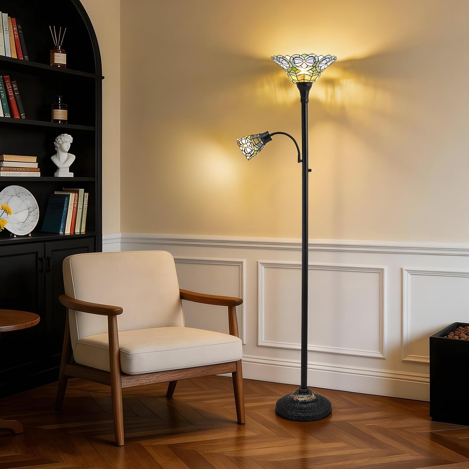 Luvkczc Tiffany Floor Lamp, Stained Glass Lamp Victorian Style with Adjustable Gooseneck Reading Lamp – 70' Tall Torchiere Floor Lamps for Living Room