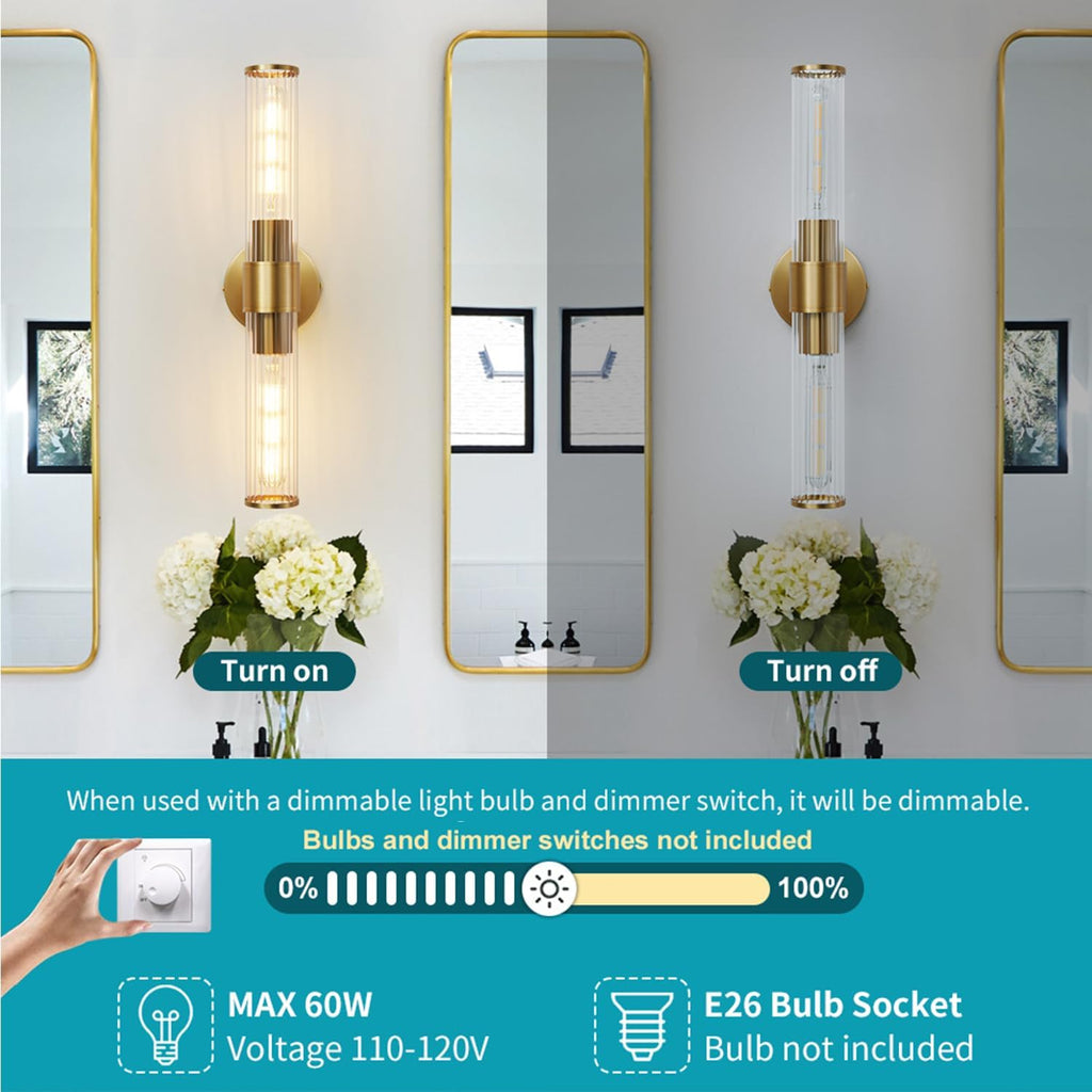 Gold Bathroom Light Fixtures 2 Pack, Hardwired Vanity Lights for Mirror with Threaded Glass Shade, 20 Inch Up and Down Wall Sconces for Bathroom Bedroom Living Room, Bulb Not Included
