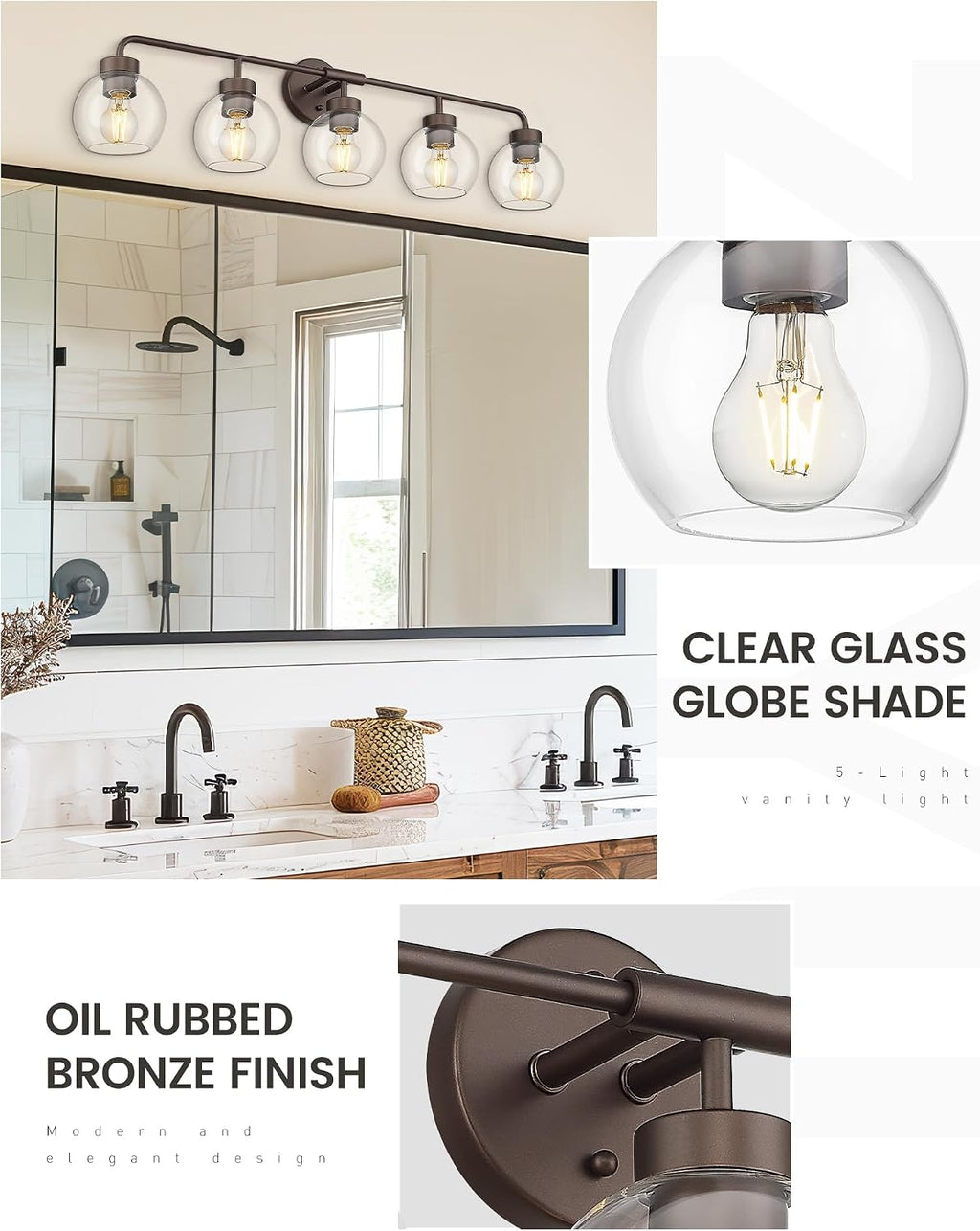 zeyu 5-Light Modern Vanity Light Fixture, 38.5 Inch Bathroom Light Fixtures Wall Mount with Clear Glass Globe Shade, Oil Rubbed Bronze Finish, ZS62BG-5W ORB