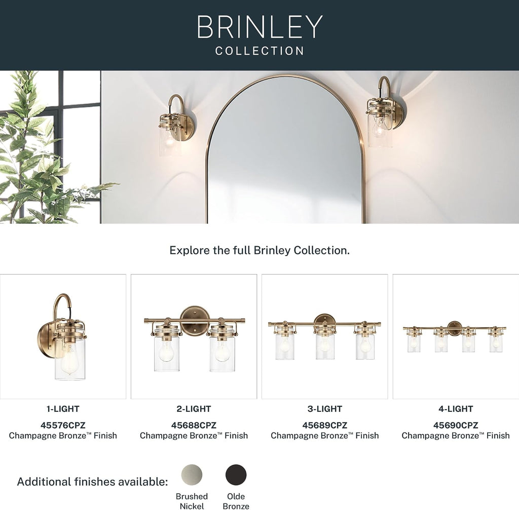 Kichler Brinley 24' 3-Light Bathroom Vanity Light Fixture with Clear Glass in Champagne Bronze, Modern Farmhouse Mason Jar Style for Mirror Lighting (24' W x 10.25' H), 45689CPZ