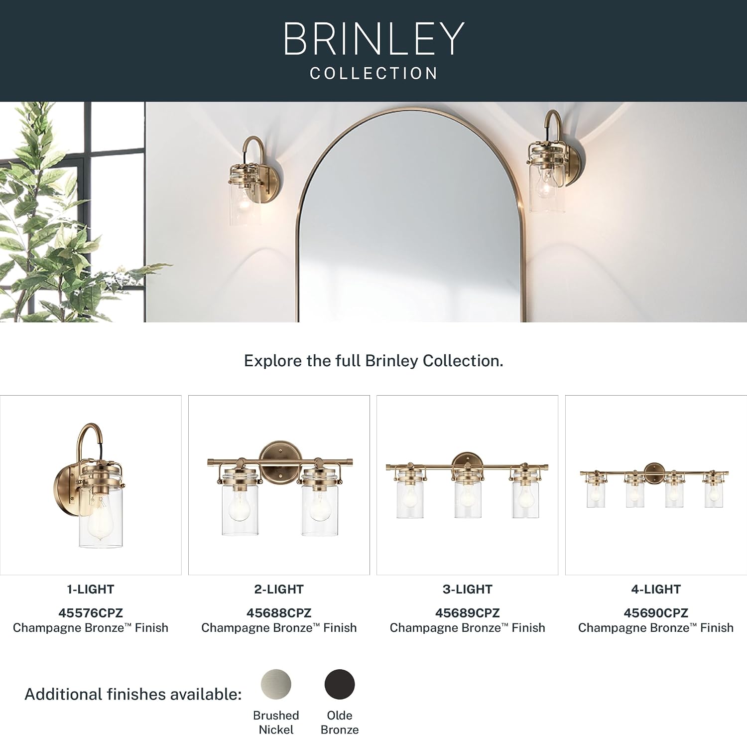 Kichler Brinley 24' 3-Light Bathroom Vanity Light Fixture with Clear Glass in Champagne Bronze, Modern Farmhouse Mason Jar Style for Mirror Lighting (24' W x 10.25' H), 45689CPZ