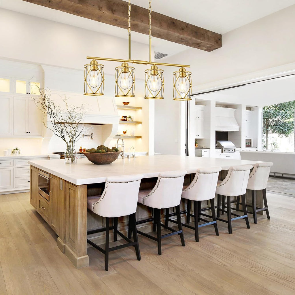 4-Light Kitchen Island Lighting, Modern Brushed Gold Dining Room Light Fixtures with Clear Glass, Farmhouse Industrial Linear Chandelier Pendant Light with Adjustable Chain, CH9176BG-4IS