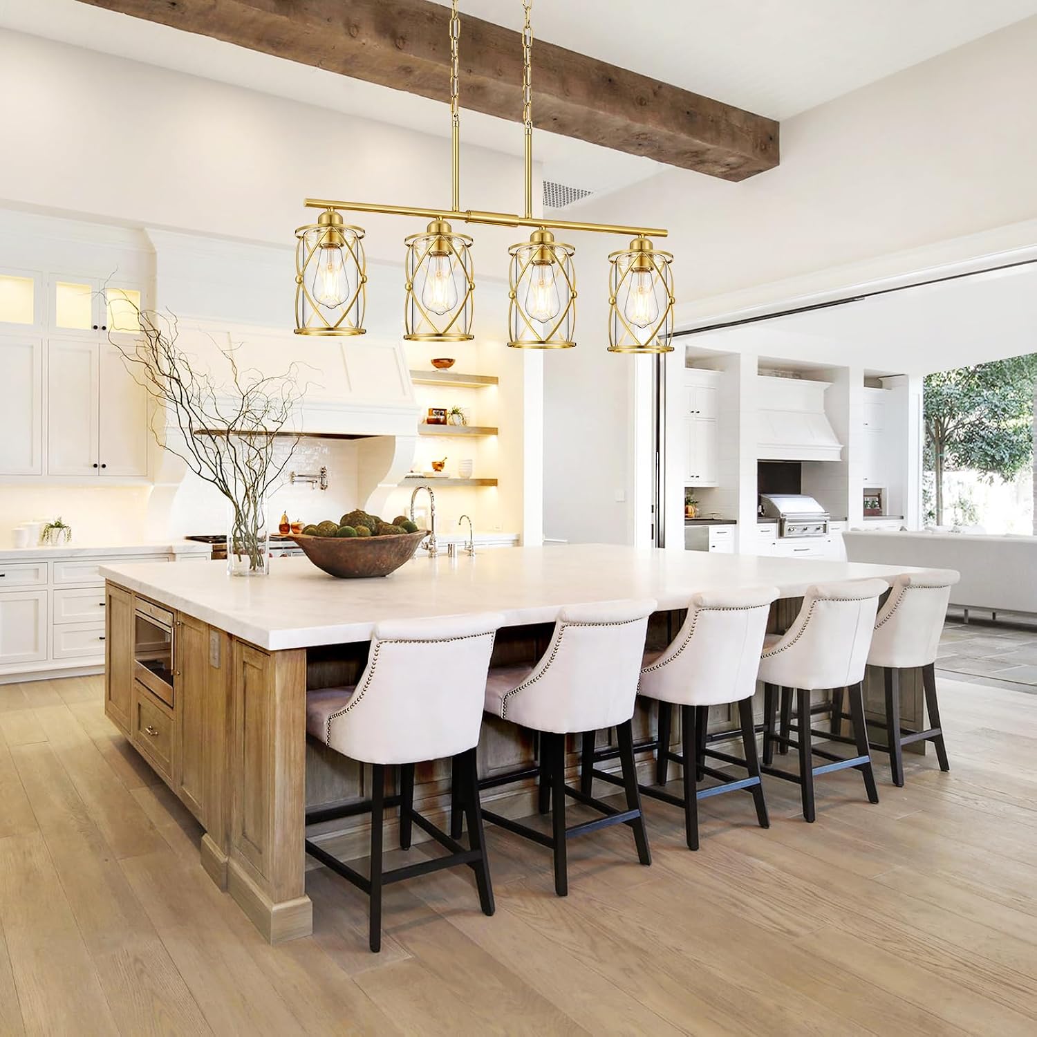 4-Light Kitchen Island Lighting, Modern Brushed Gold Dining Room Light Fixtures with Clear Glass, Farmhouse Industrial Linear Chandelier Pendant Light with Adjustable Chain, CH9176BG-4IS