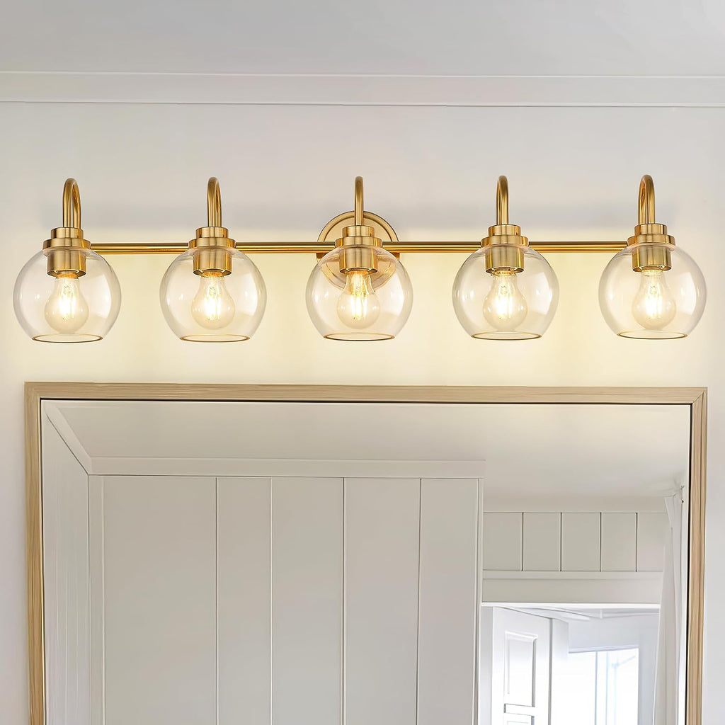 Bathroom Light Fixtures, 5-Light Brushed Gold Vanity Lights with Globe Clear Glass, 35 Inch Champagne Bronze Vanity Lighting Fixtures Over Mirror, AD-22280-5W-GD