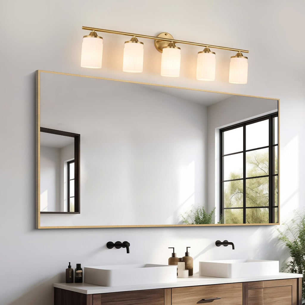 Jonsi Gold Bathroom Light Fixtures 5-Light Vanity Lights Modern Wall Sconce with Milk White Shade Brushed Brass Bathroom Light Fixture Over Mirror for Bedroom Hallway Kitchen